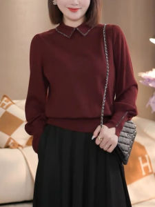 Comfortable Red Long Sleeve Base Shirt Womens Knittedwear Christmas Red Anti-aging Winter Fashion High-end European Brand