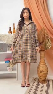 RED anggie Dress 1022/Dress Casual/Dress Kotak Katun/Terusan Santai Motif