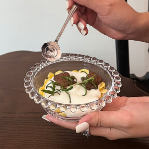 Ins Style Glass Yogurt Bowl with Pearl Edge for Breakfast Fruit Salad Dessert Ice Cream round Shape Food Grade Glass Bowl
