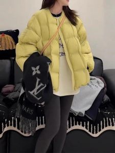Korean Style Pure Color Warm Cotton Jacket Womens Spring New round Neck Bread Style Coat Fashionable And Comfortable