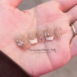 Luland Handmade Butterfly Design Wearable Nail Tips Short Sweet Style Detachable Glittering French Style Nail Art Tools for Women