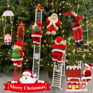 Xmas Trees Hanging Ornament Santa Claus Music Electric Climbing on Rope Ladder Christmas Party Decor Funny Toy Indoor Outdoor Party DIY Room Home Office Doll Chimney with Music
