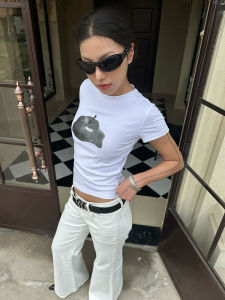 GoGo Burn American Print White Short Sleeve Womens T-shirt Slim Fit Shoulder High Waist Summer New Style Spicy Girl Top