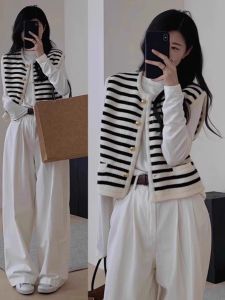 Classic Style Black and White Stripes Sleeveless Knit Vest Outwear Female Spring & Fall Cardigan Outer Wear Outerwear Sweater Waistcoat Vest