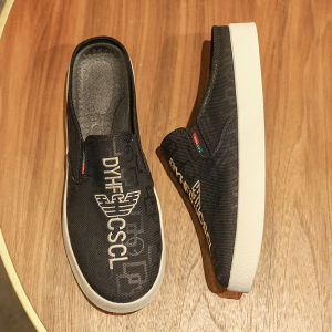 Mens Summer Breathable Slip-On Shoes No Back Covering Toe Anti-Slip Wear-Resistant Casual Canvas Shoes Comfortable Lazy Man Sandals