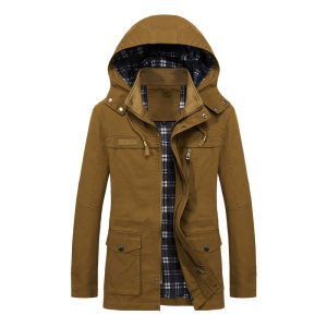 Spring and Autumn Mens Duster Pure Cotton Button Casual Outwear Middle-Aged Autumn Clothes Raccoon Mid Length Long Length Coat Hooded Jacket