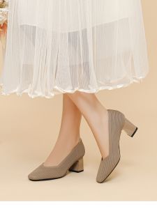 Comfortable Work Single Shoes for Women Fashionable Fly Knit Chunky Heel Spring Autumn Versatile Flat Head Lightweight Shoes