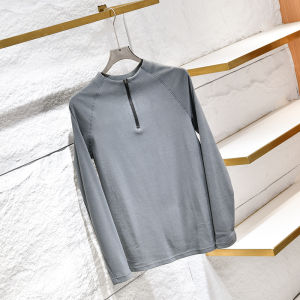 เสื้อยืดคอกลมแขนยาวผ้าเดนิมสองด้านสำหรับผู้ชาย แฟชั่นฤดูใบไม้ร่วง/ฤดูหนาว เสื้อชั้นในแบบมีซิปครึ่งตัว อบอุ่นสบาย