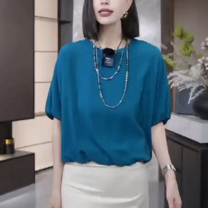 UYFY | Áo thun nữ tay ngắn cổ tròn màu xanh mùa hè dáng rộng thoải mái đa năng chín mảnh chất liệu cotton thường ngày