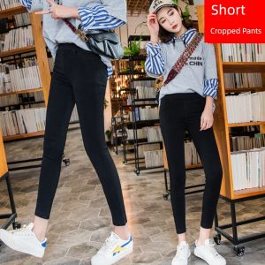 High Waist Womens 8-9 Split Pants Small Size Loose Elastic Waist Outdoor Wear Spring Autumn Black Pants Thin Model Casual