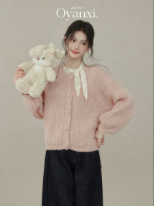 OUYANGXI | Áo Cardigan Len Đan Mềm & Xốp Màu Hồng