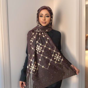 Jifang New Arrival Embroideried Gold Flower Floal Sparkling Rhinestones Silk-like Chiffon Shawl Scarf Pashmina Muslim Hijabs Tudung PW26