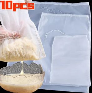 กระเป๋าตาข่ายกรองกากอาหารโยเกิร์ตนมที่กรองกาแฟพร้อมเชือกดึง10ชิ้นไส้กรองไนลอนใช้ซ้ำได้ตาข่ายแก็ดเจ็ตการอบห้องครัว