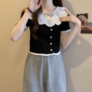 IELGY เสื้อยืดถักเสื้อเอวลอยผู้หญิงบางผอม