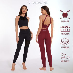 Silverwind Vintage Solid Color Flocking Chinese Style Fitness Yoga Pants Set for Women Long Tight Type with Chest Pad No Sleeve