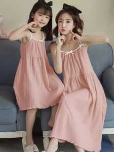 Pure Cotton Summer Sleeveless Childrens Nightgown Thin Home Clothes Princess Girl Dress Parent-Child Matching Sleepwear