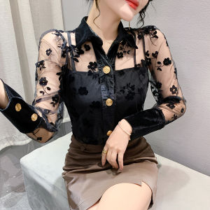 Yimei Áo sơ mi dài tay hơi trong suốt cho phụ nữ phong cách thời trang mới ôm dáng thanh mảnh và giảm béo áo có hoa văn cổ Áo polo Châu Âu