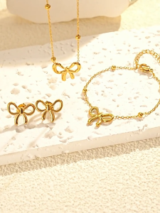 3PCS Bow Butterfly Pendant Stainless Steel Fashion Necklace Earrings Bracelet Set For Women Jewelry