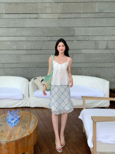 SMBL RAIN Summer Blue Plaid Lace Trim A-Line Mini Skirt Womens Summer Chiffon Print Half-length Skirt Retro Style High Waist