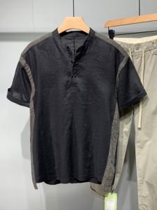 เสื้อเชิ้ตแขนสั้นผ้าลินินผสมคอตตอนผสมสไตล์วินเทจฤดูร้อนสำหรับผู้ชาย ทรงหลวม ปกตั้ง กระดุม ผ้า Oxford ทรงหลวม