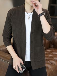 HENGYUANXIANG | Hengyuanxiang Mens V-neck Knitted Sweater Casual Pure Color Spring Autumn New Style Dad Clothes Loose Fit Fashion Urban Style