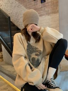 QIANSHUIYIYUN | Fleece Lined Thickened Womens Round Neck Sweatshirt Outerwear