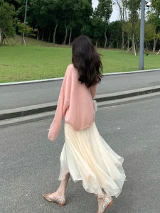 Pink Knitted Sweater Mini Skirt Two-Piece Set Autumn Lazy Style Gentle Matching Dress Fairy Wind Long Sleeve round Neck Dress