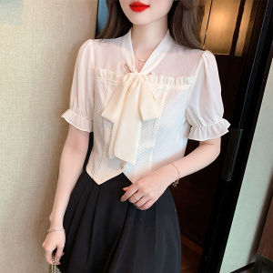 AMMIN new summer V-neck with lace-up bow short-sleeved commuting chiffon blouse Womens Korean version style sweet peplum stitching short style design chic elegant blouse
