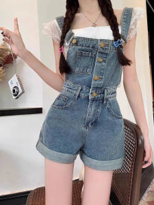 High Waist Short Denim Overalls Womens Spring Summer Thin A-Line Retro Strap Pants Wear Resistant Flip Edge Multi Pocket