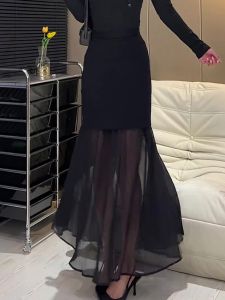 Black Splice Design Slimming High Waist A-Line Skirt Korean Style Commute Straight Tube Skirt for Women Autumn Summer New Arrival