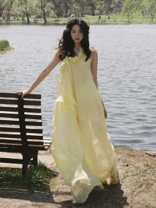 Summer New Style Womens Yellow Off-Shoulder Midi Dress Beach Vacation Casual High Waist A-Line Skirt No-Sleeve Long Dress