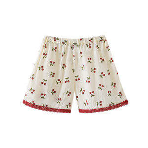 Youyou Girls Summer Cartoon Strap T-Shirt Cherry Short Sleeve Short Pants Set Color Block Shoulder Insert Cotton Blend Clothes