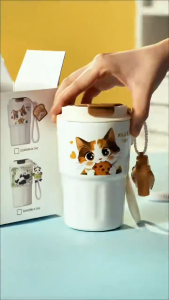 DILLER 340ML Kitty Cat Thermal Tumbler | SUS304 Stainless Steel Insulated Coffee Mug | Cute Vacuum Cup with Strap & Char