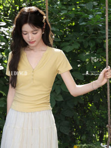 Áo Thun Nữ Cỡ Lớn Cổ Chữ V Tay Ngắn Ôm Vừa Vặn Màu Vàng Mùa Hè Áo Thun Thường Ngày Thoáng Khí Thoải Mái Cho Nữ