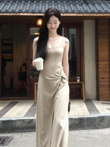 WNVSI | ชุดเดรสยาวผูกโบว์สไตล์ฝรั่งเศส ชุดเดรสเกาะอกฤดูร้อน เอวสูง ทรงเข้ารูป กระโปรงทรงเอ แขนกุด คอตondo สำหรับผู้หญิง