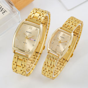 Casual Barrel-Shaped Double Calendar Watch with Week Womens Watch Quartz Steel Band Mens Couple Watch