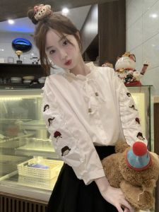 Chic Long Sleeve Womens Shirt French Style White Inner Wear Top Sweet Loose Fit Button Detail Regular Length Autumn New Arrival