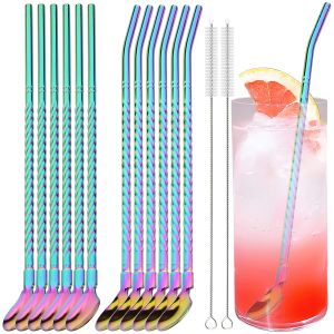 12pcs 2-in-1 Metal Straw and Spoon Set Stainless Steel Straw with Brush Reusable Straws for Cocktails Milkshake Juice Coffee Tea