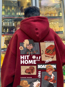 Mens Hoodie Sweatshirt Wine Red Fleece Lined Thickened Autumn Winter American Style Casual Loose Outerwear for Men