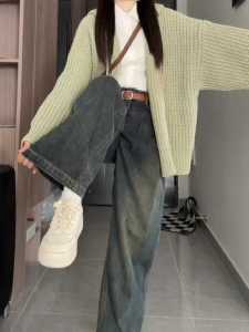 Retro Cement Gray High Waist Denim Female Spring and Autumn Plus Size Plus Size Ladies Pear Shapes Loose Straight-Leg Wide-Leg Pants