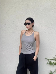 Gray U-Neck Hanging Strap Vest Womens Outerwear Elastic Slimming Base Layer Beautiful Backless Top Commute Style Regular Fit