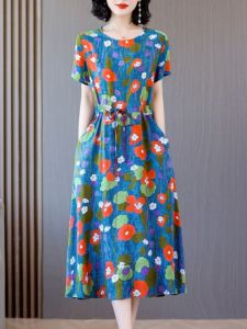 ชุดเดรสยาวปานกลางผ้าไหมฝ้ายแบบสวมใส่สบายสำหรับฤดูร้อน ชุดแม่ กระเป๋า กระโปรงทรงเอ แขนยาว ปักลาย หมุดผูกคอ ชุดทำงาน