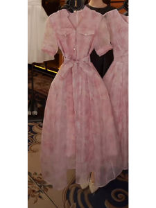 Elegant French Style Short Sleeve Pink Dress Womens Summer Luxury Sensation Gathered Waist Long Dress Polyester Fiber