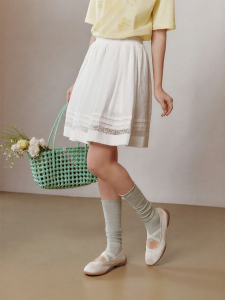 Semir | High Waist Lace Textured A-Line Skirt White