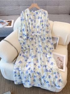 Spring 2025 plus Size Womens Dress  Blue Flower Chiffon Long Skirt Slimming High Waist V-neck Maternity Concealing Dress