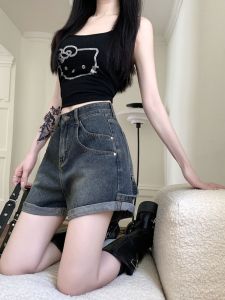 Quần Short Denim Ống Đứng Cạp Cao Cho Nữ Mùa Hè Mỏng Rộng Rãi Dáng Chữ a Quần Ống Rộng Co Giãn Có Viền Quần Bó