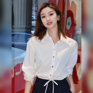 YUFUQING | Elegant Long Sleeve Shirt With Belt Design Slimming Commute Style Polyester Fiber Polo Collar Single Button Closure Pure Color