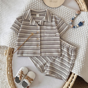 Baby Clothes Set Summer Solid Color Striped Casual Childrens Short Sleeves + Shorts Suitable for Babies Aged 0-3 Years Old