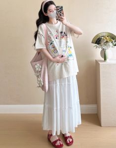 ชุดกระโปรงสั้นเอวสูงสำหรับผู้หญิงตั้งครรภ์ แขนสั้น 2 ชิ้น ชุดกระโปรงสั้นสไตล์เค้ก ชุดเสื้อยืดลายจุดสีสันสดใส