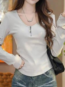 Áo Thun Dài Tay Cổ Chữ V Bằng Cotton Nguyên Chất Cỡ Lớn Thời Trang Thu Đông Cho Nữ Áo Lót Cơ Bản Dáng Ôm Chất Liệu Khác